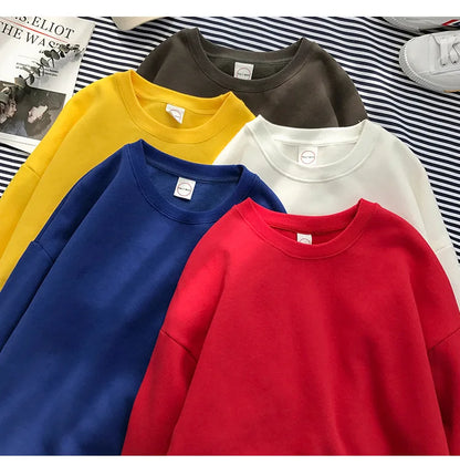 Woman Solid Color O-Neck Sweatshirt Casual Loose Fit Hoodie Harajuku Aesthetic Streetwear Velvet Pullover White Tops Korean Pop