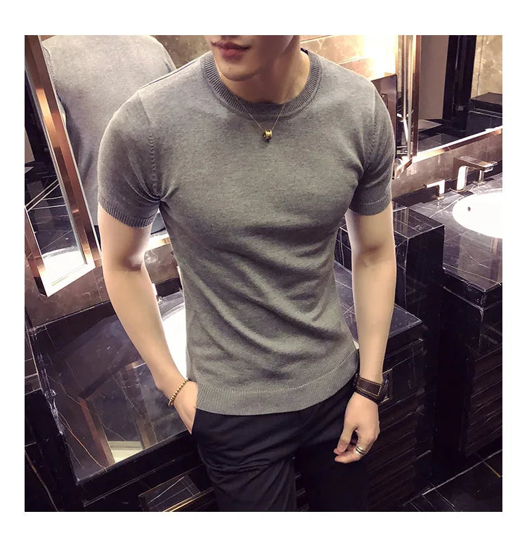 Top Quality Summer Thin Short Sleeved Knitwear T-shirt Men Clothing 2024 Solid Color Slim Fit O-Neck Tee Shirt Streetwear 3XL-M