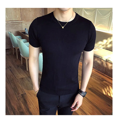 Top Quality Summer Thin Short Sleeved Knitwear T-shirt Men Clothing 2024 Solid Color Slim Fit O-Neck Tee Shirt Streetwear 3XL-M