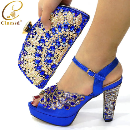 New Arrival African Wedding Shoes and Bag Set Decorated with Rhonestone Shoes and Bags To Match for Wedding Luxury Shoes Women