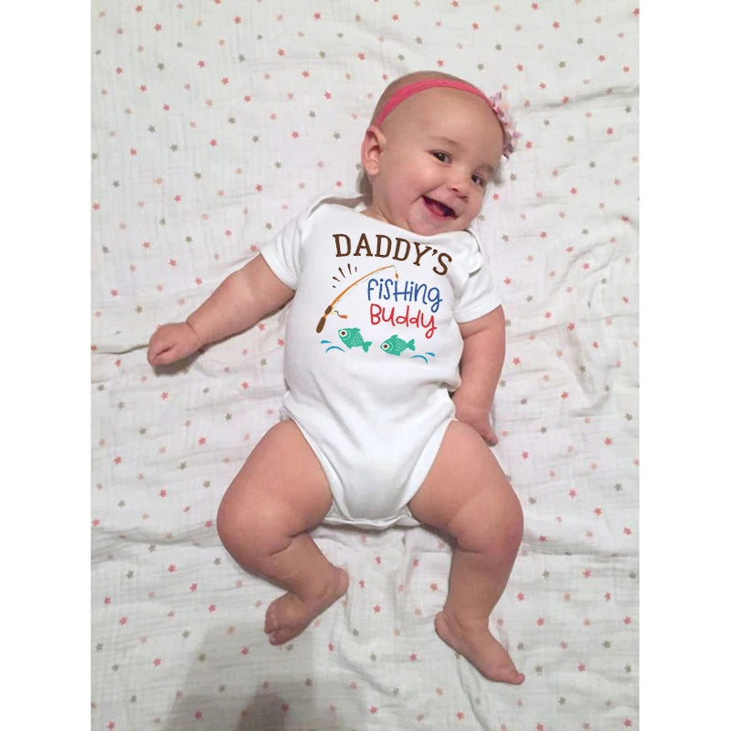 Cotton Newborn Baby Boy Girl Short Sleeve Romper Letter Print Daddy's Fishing Buddy Romper Outfits Summer Baby Clothes White