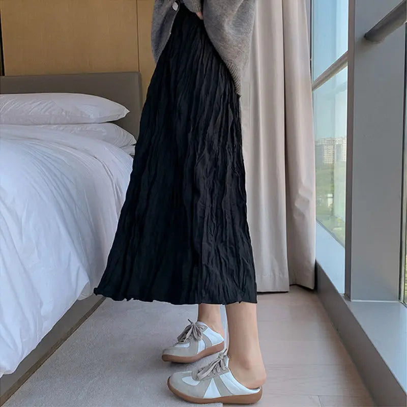 Skirts Women Solid Design Midi All-match Folds Korean Style Leisure High Waist Daily Female Newest Irregular Elegant Cozy Faldas