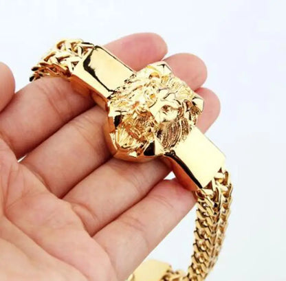 Fashion Gold Color Lion King Stainless Steel Braided Chain Bracelet Domineering Men\\'s Rock Wristband Alloy Lion Head Jewelry