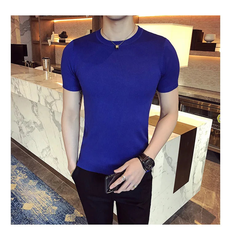 Top Quality Summer Thin Short Sleeved Knitwear T-shirt Men Clothing 2024 Solid Color Slim Fit O-Neck Tee Shirt Streetwear 3XL-M