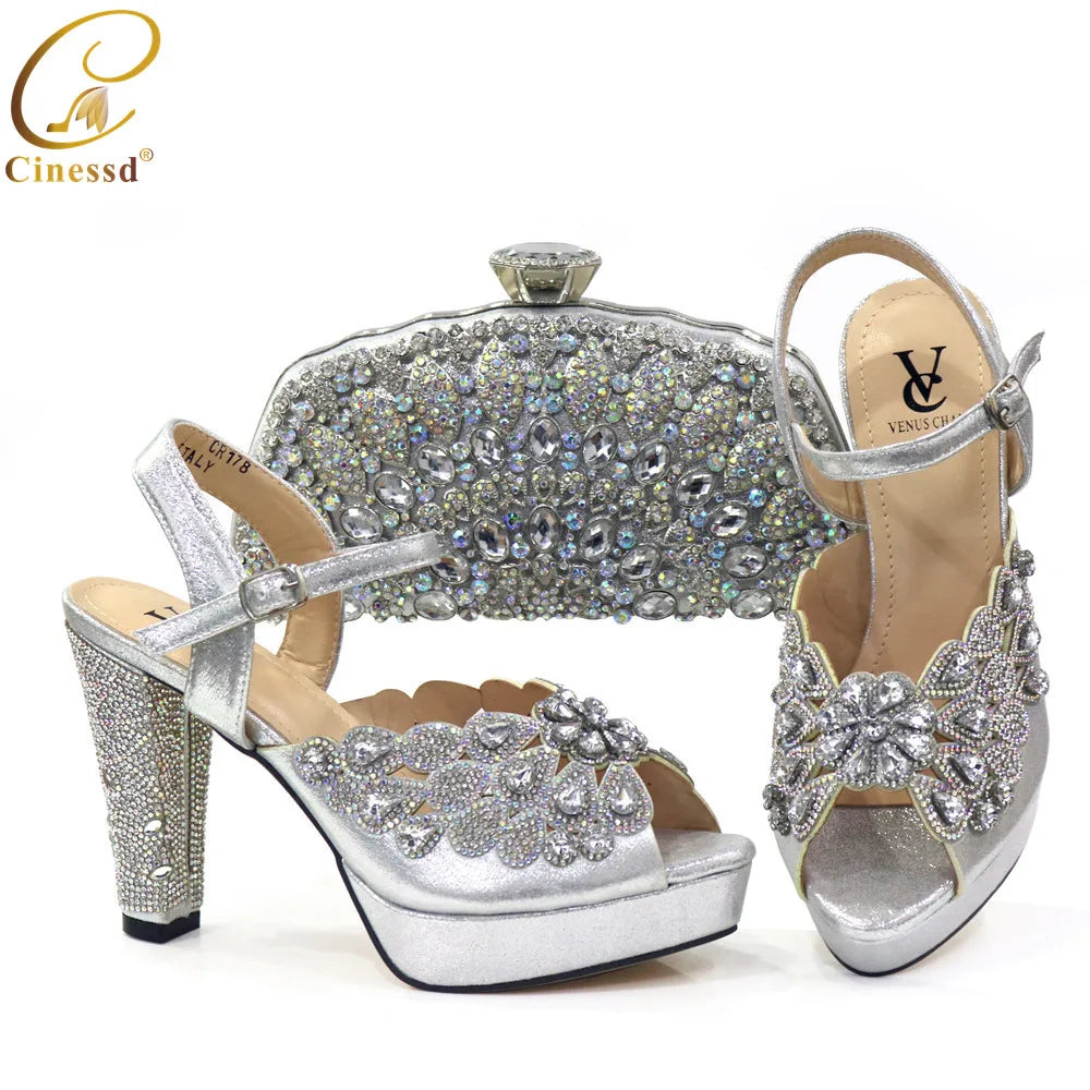 New Arrival African Wedding Shoes and Bag Set Decorated with Rhonestone Shoes and Bags To Match for Wedding Luxury Shoes Women