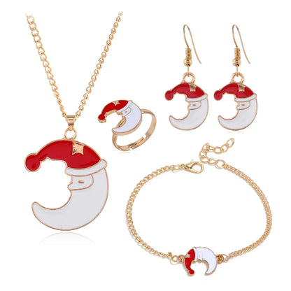 5Pcs/Set Christmas Lady Jewelry Set Santa Elk Moon Bells Earrings Necklace Bracelet Decorative Christmas Ornaments Girls Gifts