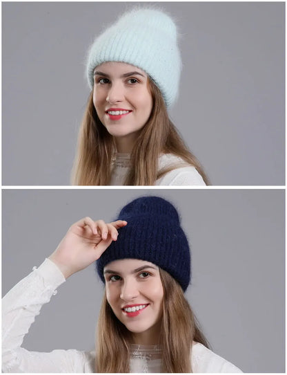 CNTANG 2024 Winter Hat Fashion Real Rabbit Fur Hats For Women Warm Skullies Beanies With Sequins High Flanging Knitted Caps