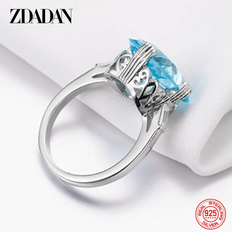 ZDADAN 925 Sterling Silver Charm Square Aquamarine Ring For Women Fashion Wedding Jewelry Party Gift