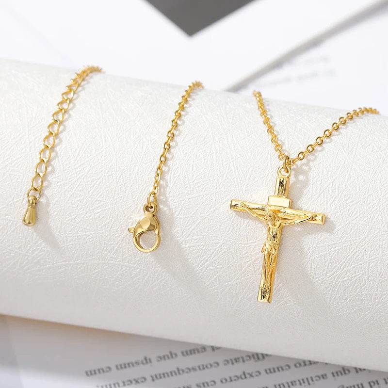 Christian Jesus Cross Necklace For Women Men Stainless Steel Chains Choker Religion Cross Pendants Jewelry Prayer Baptism Gifts