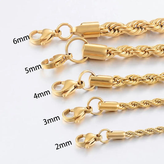 Width 2/3/4/5/6mm 316L Stainless Steel Gold Color Twisted Rope Chain Necklace For Men's and Women's Jewelry wholesale