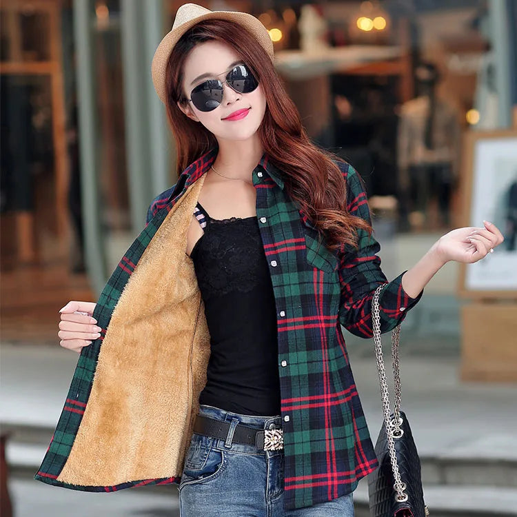 Plus Velvet Thicker Shirt Style Jacket Coat 2023 Winter New Hot Multicolor Plaid Warm Fleece Women Tops Brand Female Outerwear