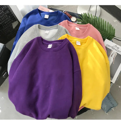 Woman Solid Color O-Neck Sweatshirt Casual Loose Fit Hoodie Harajuku Aesthetic Streetwear Velvet Pullover White Tops Korean Pop