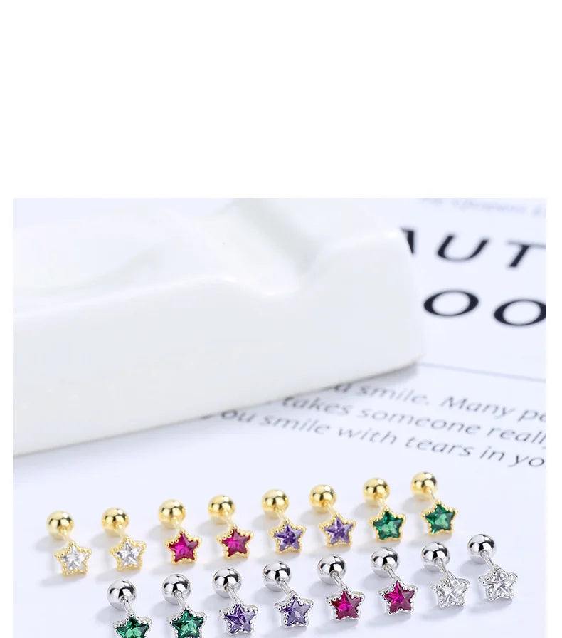 TrustDavis Real 925 Sterling Silver Fashion Geometric Star Colour CZ Screw Stud Earrings For Women Wedding Fine Jewelry DA052