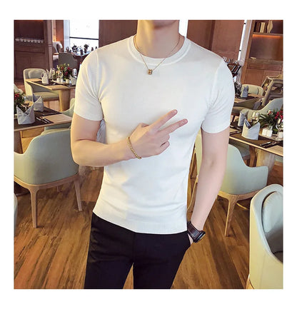 Top Quality Summer Thin Short Sleeved Knitwear T-shirt Men Clothing 2024 Solid Color Slim Fit O-Neck Tee Shirt Streetwear 3XL-M