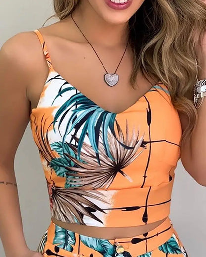 Print Spaghetti Strap Crop Top & Short Sets Casual Summer 2 Piece Outfits for Women