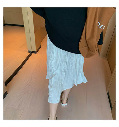 Skirts Women Solid Design Midi All-match Folds Korean Style Leisure High Waist Daily Female Newest Irregular Elegant Cozy Faldas