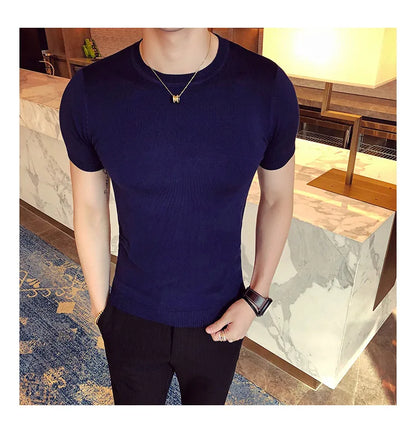 Top Quality Summer Thin Short Sleeved Knitwear T-shirt Men Clothing 2024 Solid Color Slim Fit O-Neck Tee Shirt Streetwear 3XL-M