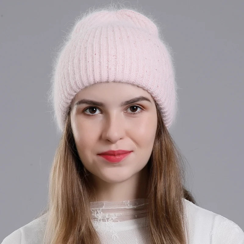 CNTANG 2024 Winter Hat Fashion Real Rabbit Fur Hats For Women Warm Skullies Beanies With Sequins High Flanging Knitted Caps