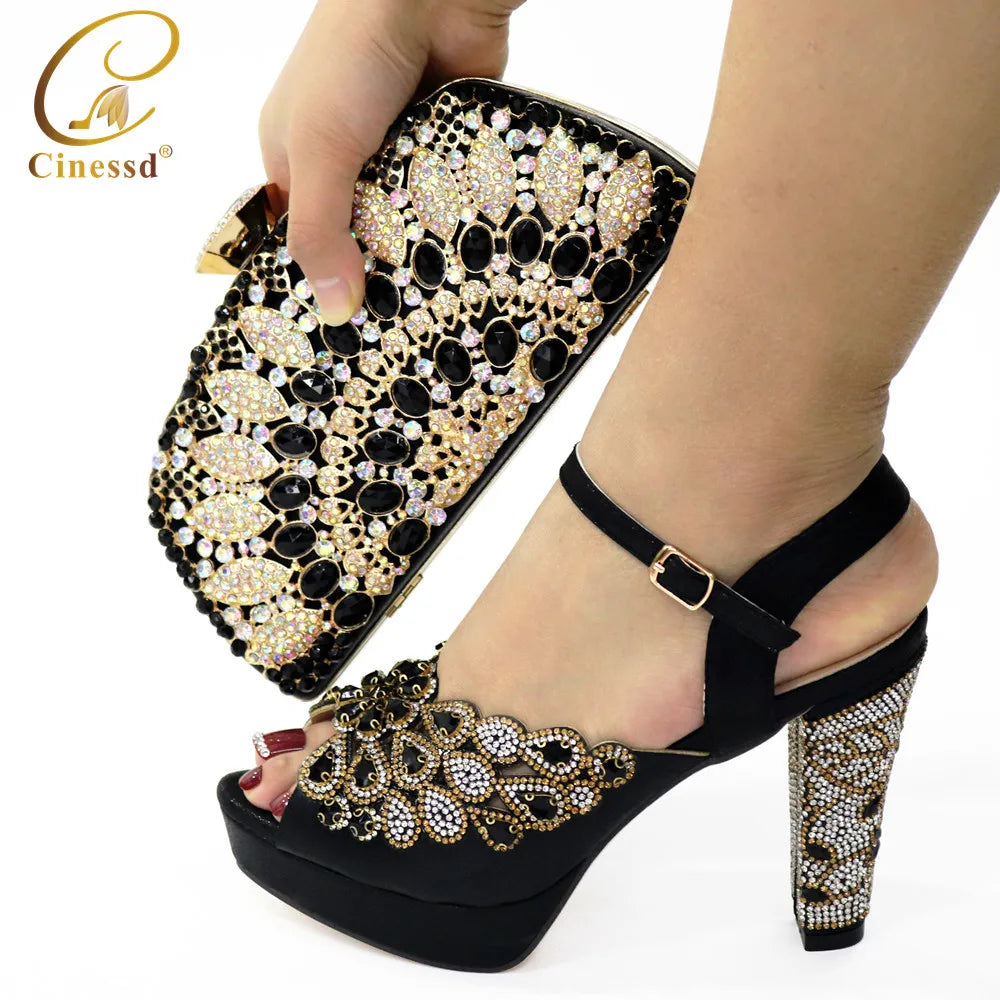 New Arrival African Wedding Shoes and Bag Set Decorated with Rhonestone Shoes and Bags To Match for Wedding Luxury Shoes Women