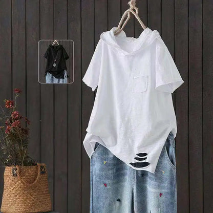 Women's Hooded T-shirt 2024 Original 95% Cotton Summer New Style Loose Cotton Short-sleeved Literary Hole Casual Women Clothing