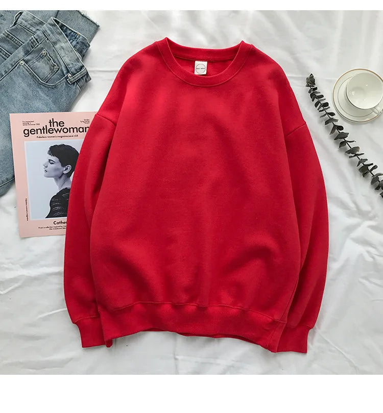 Woman Solid Color O-Neck Sweatshirt Casual Loose Fit Hoodie Harajuku Aesthetic Streetwear Velvet Pullover White Tops Korean Pop