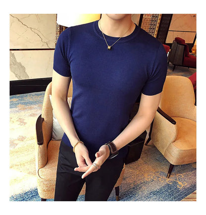 Top Quality Summer Thin Short Sleeved Knitwear T-shirt Men Clothing 2024 Solid Color Slim Fit O-Neck Tee Shirt Streetwear 3XL-M