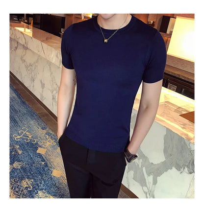 Top Quality Summer Thin Short Sleeved Knitwear T-shirt Men Clothing 2024 Solid Color Slim Fit O-Neck Tee Shirt Streetwear 3XL-M