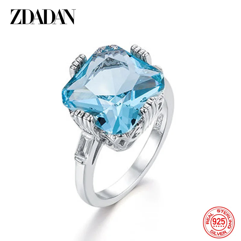 ZDADAN 925 Sterling Silver Charm Square Aquamarine Ring For Women Fashion Wedding Jewelry Party Gift