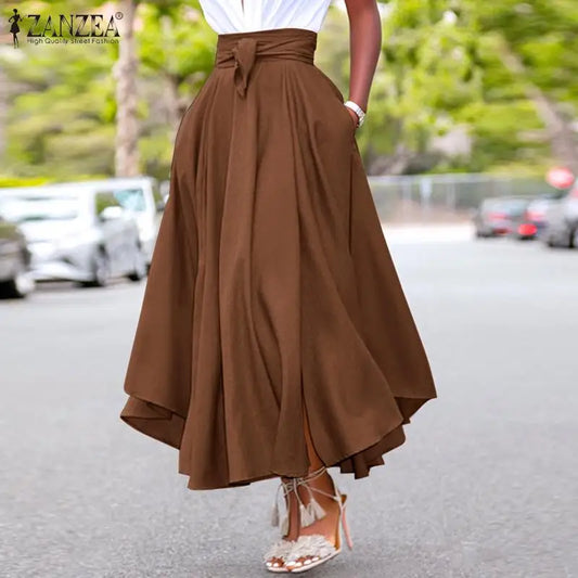 ZANZEA Irregular Beach Skirt Women Skirts Summer Vintage Belted Long Maxi Skirts High Waist A-line Skirt Solid Slit Hem Faldas