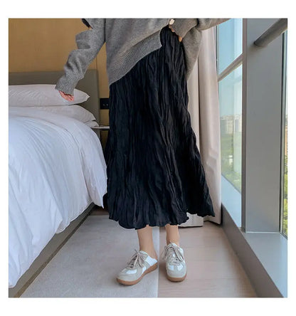 Skirts Women Solid Design Midi All-match Folds Korean Style Leisure High Waist Daily Female Newest Irregular Elegant Cozy Faldas