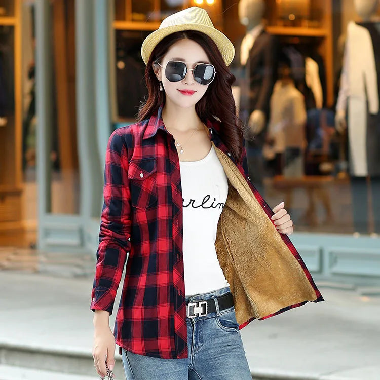 Plus Velvet Thicker Shirt Style Jacket Coat 2023 Winter New Hot Multicolor Plaid Warm Fleece Women Tops Brand Female Outerwear