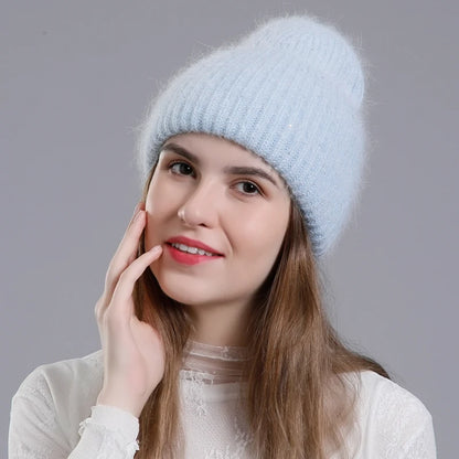 CNTANG 2024 Winter Hat Fashion Real Rabbit Fur Hats For Women Warm Skullies Beanies With Sequins High Flanging Knitted Caps