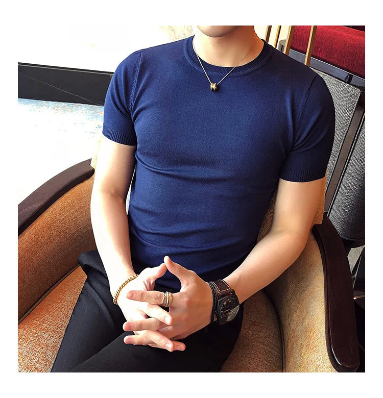 Top Quality Summer Thin Short Sleeved Knitwear T-shirt Men Clothing 2024 Solid Color Slim Fit O-Neck Tee Shirt Streetwear 3XL-M