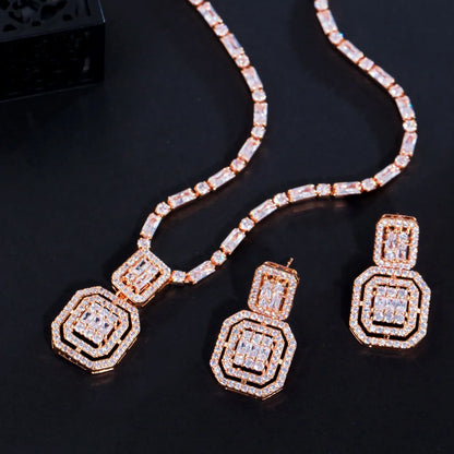 CWWZircons Shiny Baguette Cubic Zirconia Wedding Bridal Party Necklace Earrings Fashion Gold Color Jewelry Sets Accessories T583