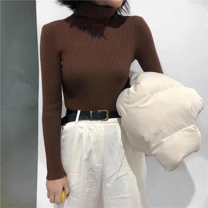 2025 Autumn Winter Thick Sweater Women Knitted Ribbed Pullover Sweater Long Sleeve Turtleneck Slim Jumper Soft Warm Pull Femme