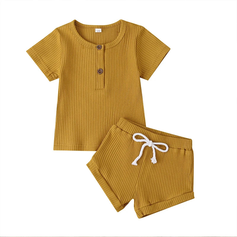 Cotton Casual Summer Newborn Baby Boys Girls Outfits Suit Ribbed Knitted Short Sleeve T-shirts Tops+Shorts 2Pcs Kids Tracksuits