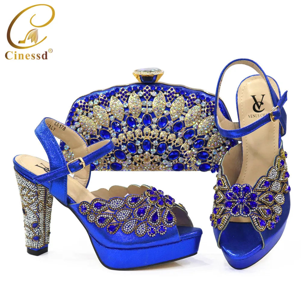 New Arrival African Wedding Shoes and Bag Set Decorated with Rhonestone Shoes and Bags To Match for Wedding Luxury Shoes Women