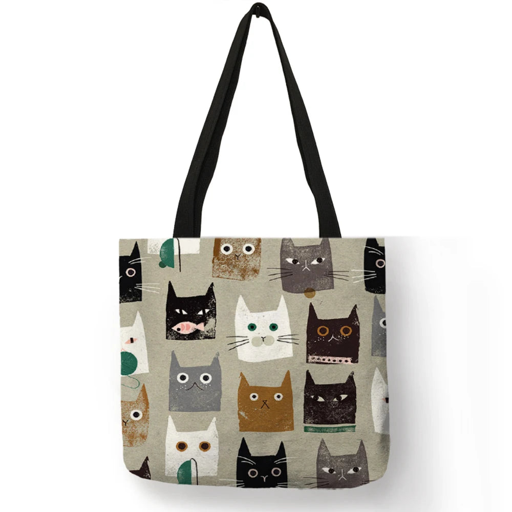 Lovely Pattern Women Totes Cute Cartoon Cats Image Printed Handbag Eco Linen Fashion Traveling Practical Shoulder Bag Lady