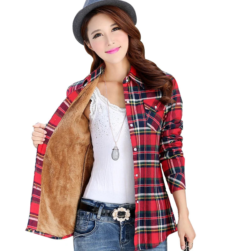 Plus Velvet Thicker Shirt Style Jacket Coat 2023 Winter New Hot Multicolor Plaid Warm Fleece Women Tops Brand Female Outerwear