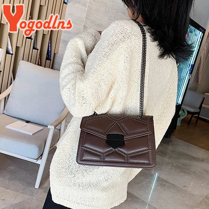 Yogodlns Vintage Rivet Chain Small Shoulder Bags For Women Flap Messenger Bag Fashion Small Square Bag Designer Handbag Bolsa