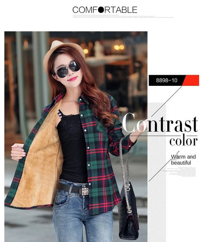 Plus Velvet Thicker Shirt Style Jacket Coat 2023 Winter New Hot Multicolor Plaid Warm Fleece Women Tops Brand Female Outerwear