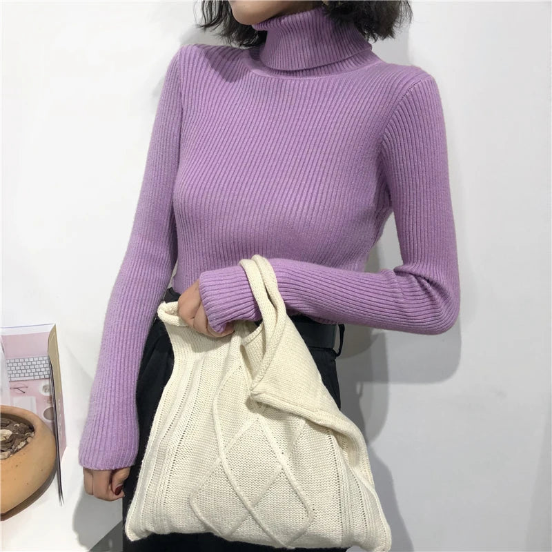 2025 Autumn Winter Thick Sweater Women Knitted Ribbed Pullover Sweater Long Sleeve Turtleneck Slim Jumper Soft Warm Pull Femme