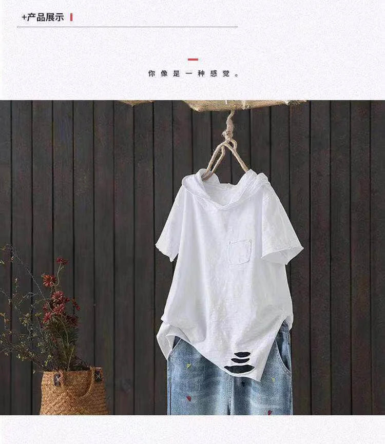 Women's Hooded T-shirt 2024 Original 95% Cotton Summer New Style Loose Cotton Short-sleeved Literary Hole Casual Women Clothing