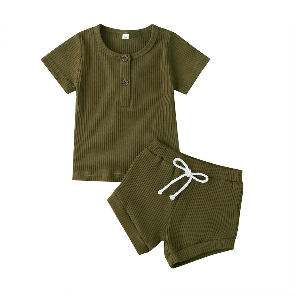 Cotton Casual Summer Newborn Baby Boys Girls Outfits Suit Ribbed Knitted Short Sleeve T-shirts Tops+Shorts 2Pcs Kids Tracksuits