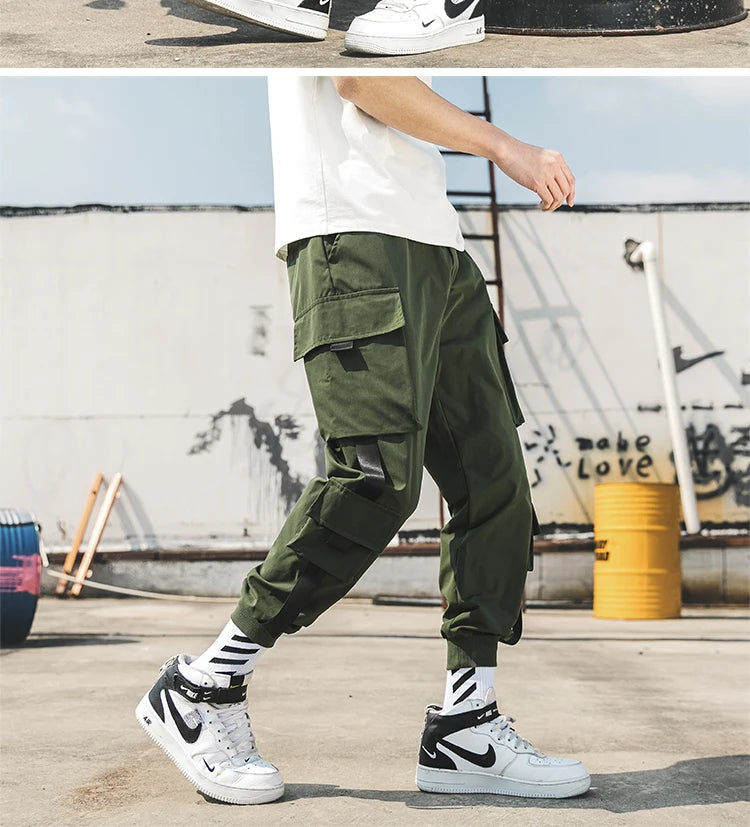 New Joggers Cargo Pants for Men Casual Hip Hop Pocket Male Trousers Sweatpants Streetwear Ribbons Techwear Pants