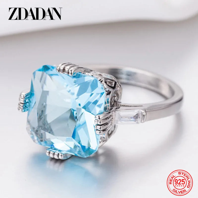 ZDADAN 925 Sterling Silver Charm Square Aquamarine Ring For Women Fashion Wedding Jewelry Party Gift