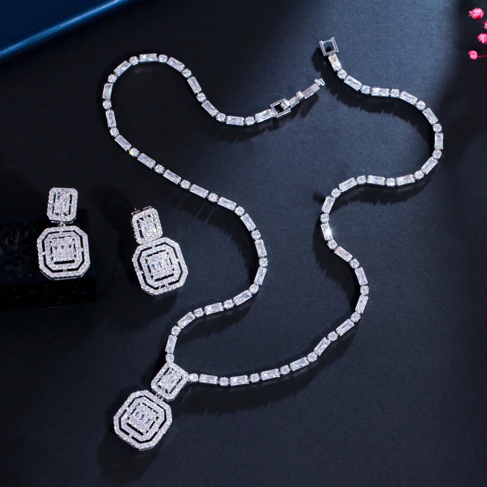 CWWZircons Shiny Baguette Cubic Zirconia Wedding Bridal Party Necklace Earrings Fashion Gold Color Jewelry Sets Accessories T583