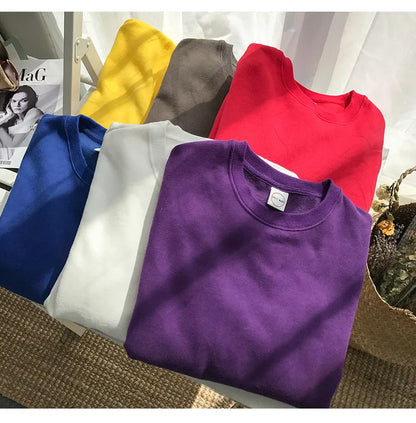 Woman Solid Color O-Neck Sweatshirt Casual Loose Fit Hoodie Harajuku Aesthetic Streetwear Velvet Pullover White Tops Korean Pop