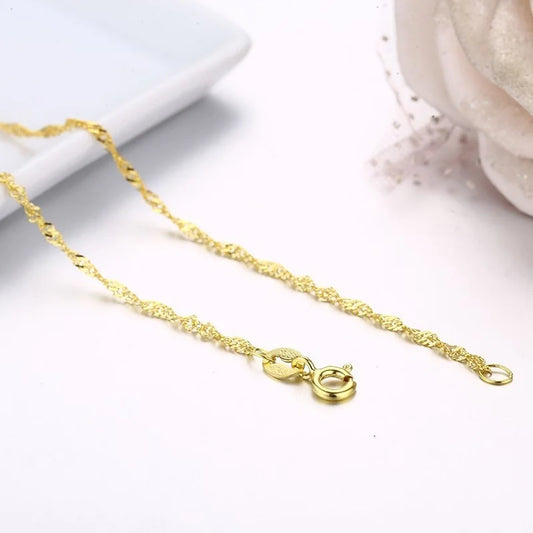 35cm-60cm 925 Sterling Silver with Gold Color Water Wave Chain Necklace Women Girls Jewelry Kolye Collares W 2mm