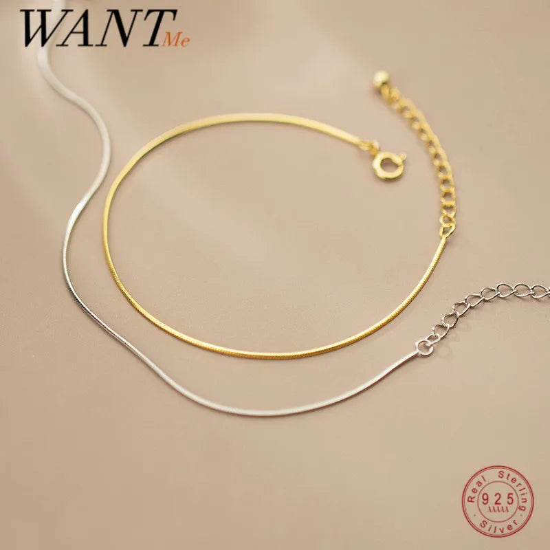 WANTME 925 Sterling Silver Minimalist Glossy Snake Bone Chain Charm Bracelet for Women Fashion Party Wedding Bangle Jewelry Gift